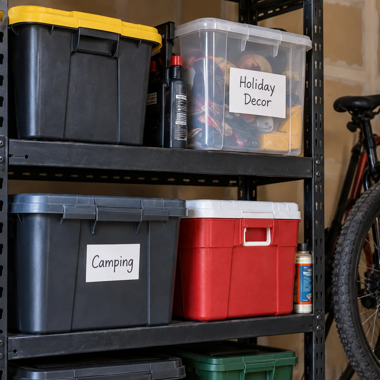 Organized storage bins on a shelf