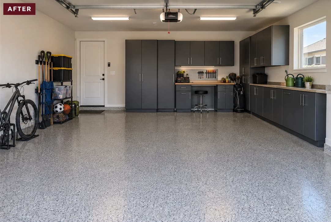 Organized two-car garage with built-in cabinetry and an epoxy floor after a SpaceBack cleanout